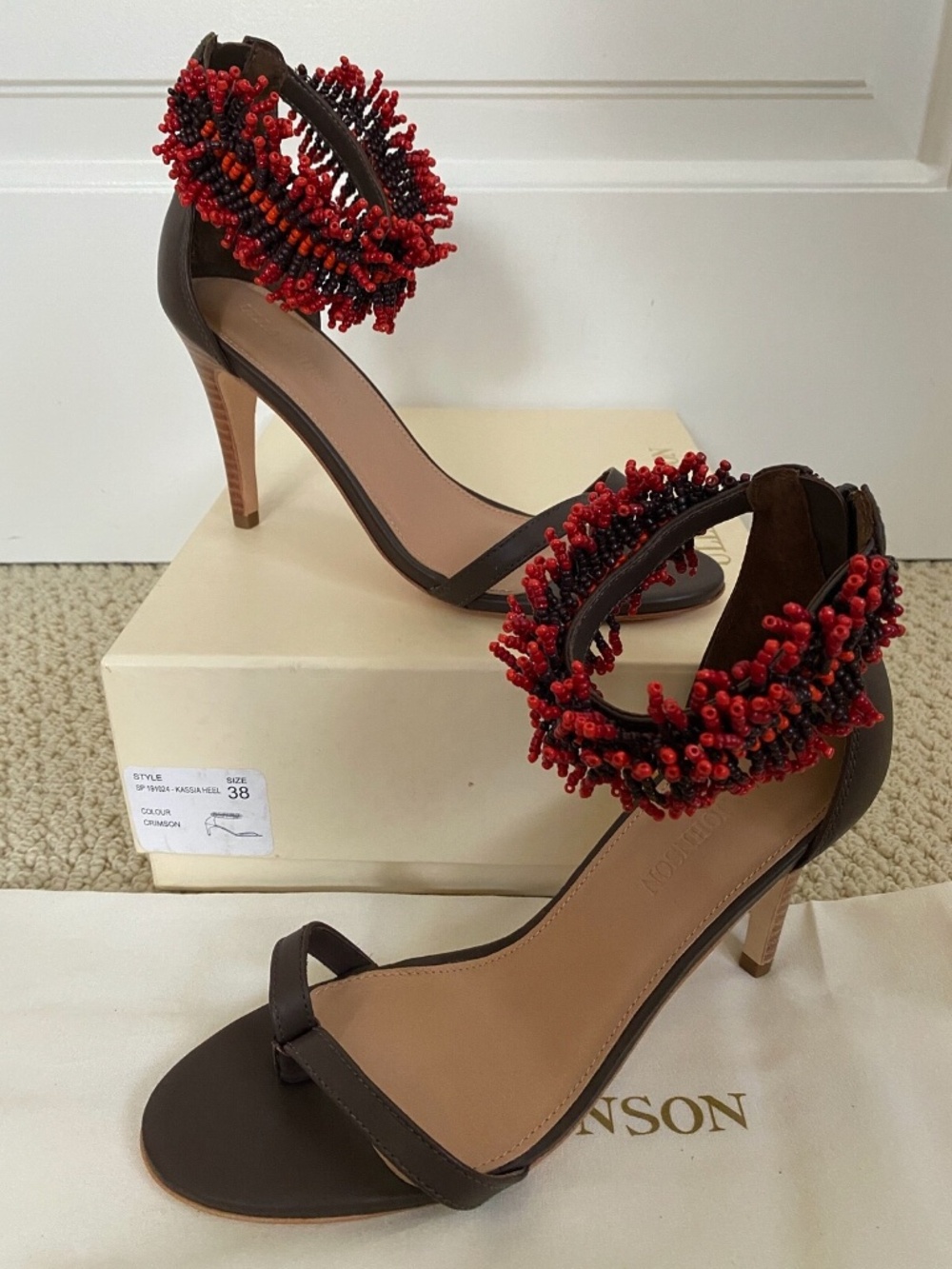 Ulla Johnson Kassia Red Beaded Ankle Fringe Leather Strappy Sandals Pumps